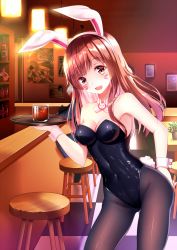 Rule 34 | 1girl, akuma (ogino-m), alcohol, alternate costume, animal ears, bar (place), bare shoulders, black leotard, blush, breasts, brown eyes, brown hair, checkered floor, choker, cleavage, counter, covered navel, cowboy shot, cup, d.va (overwatch), drink, drinking glass, eyebrows, facepaint, facial mark, fake animal ears, flower, flower pot, framed, glass, gluteal fold, groin, hand on own ass, hand on own hip, hand up, highleg, highleg leotard, holding, holding tray, ice, ice cube, indoors, leaning to the side, legs apart, leotard, long hair, looking at viewer, medium breasts, mercy (overwatch), open mouth, overwatch, overwatch 1, pantyhose, photo (object), picture frame, plant, playboy bunny, poster (object), rabbit ears, rabbit tail, shiny clothes, smile, soldier: 76 (overwatch), solo, sparkle, standing, stool, strapless, strapless leotard, table, tail, tracer (overwatch), tray, whisker markings, whiskey, wrist cuffs