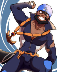 Rule 34 | 1boy, anchor necklace, archie (pokemon), bandana, beard, belt, black eyes, blue bandana, blue bodysuit, bodysuit, chain belt, commentary, creatures (company), dark-skinned male, dark skin, diving suit, facial hair, game freak, grin, highres, holding, holding poke ball, jewelry, logo, looking at viewer, male focus, multicolored bodysuit, multicolored clothes, necklace, nintendo, poke ball, pokemon, pokemon oras, short hair, smile, solo, symbol-only commentary, team aqua, teeth, torn bodysuit, torn clothes, waist cape, wanineko2001, wetsuit, white bodysuit, yellow belt