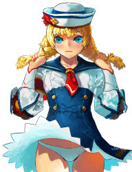 Rule 34 | 1girl, blonde hair, blue eyes, blush, braid, capcom, dixie cup hat, hat, highres, military hat, miniskirt, monster hunter (series), monster hunter 3 g, panties, quest receptionist (monster hunter 3 ultimate), sailor, sailor collar, sailor hat, solo, twin braids, underwear, white panties, william chacha