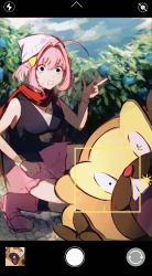 1girl, ahoge, bare shoulders, beanie, bibarel, blue flower, blurry, blurry background, boots, breasts, buck teeth, cosplay, creatures (company), dawn (pokemon), dawn (pokemon) (cosplay), day, empty eyes, flower, game freak, gen 4 pokemon, hair intakes, hair ornament, hamachamu, hand up, hat, highres, idolmaster, idolmaster cinderella girls, large breasts, looking at viewer, multicolored hair, nintendo, open mouth, outdoors, phone screen, pink footwear, pink hair, pokemon, pokemon (creature), pokemon (game), pokemon dppt, raised eyebrows, red scarf, scarf, sleeveless, squatting, tearing up, two-tone hair, w, white headwear, yumemi riamu