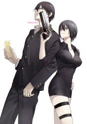 1boy 1girl black_dress black_hair black_jacket black_pants blame! blame_gakuen! breasts buttons commentary_request dress electricity food food_on_face gakuran grey_eyes gun hand_on_own_hip highres holding holding_gun holding_weapon jacket killy large_breasts long_sleeves looking_at_another nervous_sweating pants red_eyes sakuma_tsukasa sanakan school_uniform shaded_face short_hair simple_background sweat thigh_strap weapon white_background