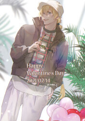 Rule 34 | 1boy, absurdres, artist name, blonde hair, blue eyes, brown jacket, dated, english text, hair between eyes, hand in pocket, happy valentine, hat, highres, holding, holding removed eyewear, jacket, long hair, long sleeves, looking at viewer, male focus, mmts g, open clothes, open jacket, open mouth, smile, solo, teeth, terry bogard, the king of fighters, the king of fighters for girls, unworn eyewear, white hat