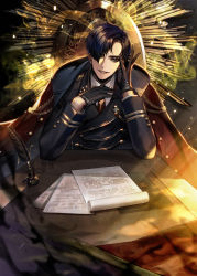 Rule 34 | 1boy, black hair, cape, cover, cover page, eu (euspia), gloves, lee kiyoung (regressor&#039;s instruction manual), official art, paper, regressor&#039;s instruction manual, sitting, solo, table, uniform, upper body