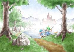 Rule 34 | 2girls, blue bow, blue dress, blue eyes, blue hair, bow, bowtie, brown footwear, cirno, daiyousei, detached wings, dress, engacyo (engacyo39800yen), fairy wings, flower, fog, grass, looking at another, misty lake, multiple girls, outdoors, path, pinafore dress, pink flower, road, rock, scarlet devil mansion, shirt, shoe soles, short sleeves, sleeveless, sleeveless dress, socks, touhou, tree, waving, white shirt, white socks, wings, yellow bow, yellow bowtie, yellow flower