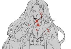 Rule 34 | 1girl, blood, blood in hair, blood on clothes, blood on face, blush, closed eyes, coat, gloves, happy, highres, jewelry, limbus company, long hair, mole, mole under eye, necklace, njaja kanja, open mouth, parted bangs, project moon, rodion (project moon), simple background, smile, solo, spot color, stole, very long hair