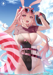 Rule 34 | 1girl, :d, animal ears, belt, black hat, blue sky, blush, bow, breasts, casual one-piece swimsuit, cleavage, day, eyewear on head, glint, groin, hair bow, hat, heart, heart-shaped pupils, highleg, highleg swimsuit, highres, innertube, large breasts, long hair, looking at viewer, one-piece swimsuit, open mouth, original, outdoors, pink hair, rabbit ears, red-framed eyewear, red bow, red eyes, short sleeves, sky, smile, solo, sunglasses, sweat, swim ring, swimsuit, symbol-shaped pupils, teeth, thigh gap, two-tone swimsuit, two side up, unworn hat, unworn headwear, upper teeth only, very long hair, wading, water, yaman