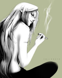 Rule 34 | 1girl, artist name, cigar, from behind, frown, glasses, green background, greyscale with colored background, hellsing, highres, holding, holding cigar, indian style, integra hellsing, long hair, looking at viewer, looking back, profile, scar, scar on arm, sitting, smoke, solo, topless, toshimichi yukari, v-shaped eyebrows