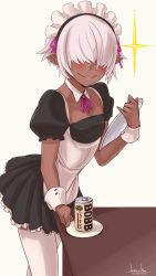 Rule 34 | 1boy, alternate costume, apron, black dress, blush, can, canned coffee, commentary, crossdressing, dark-skinned male, dark skin, dated, detached collar, dress, drink can, enmaided, frills, hair over eyes, highres, kuroino (0kuro8ino6), maid, maid apron, maid headdress, male focus, neck ribbon, original, pointy ears, puffy short sleeves, puffy sleeves, ribbon, short sleeves, sidelocks, signature, simple background, smile, solo, thighhighs, trap, tray, white apron, white background, white thighhighs, wrist cuffs