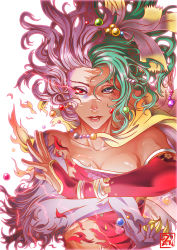 Rule 34 | 1990s (style), 1girl, alternate form, bare shoulders, cape, claws, colored skin, commentary, detached sleeves, dual persona, dzoan, eyelashes, final fantasy, final fantasy vi, fur, green hair, hair ornament, hair ribbon, lips, looking at viewer, monster girl, parted lips, pink hair, pink skin, pointy ears, psychic, purple eyes, red eyes, retro artstyle, ribbon, signature, simple background, solo, split theme, spoilers, tina branford, torn clothes, trance terra branford, transformation, white background