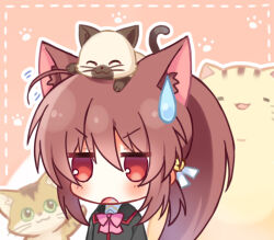 Rule 34 | 1girl, ahoge, animal, animal ear fluff, animal ears, animal on head, bell, blush, brown hair, cat, cat ears, cat girl, cat on head, chibi, commentary request, company connection, crossover, doruji, eyes visible through hair, fang, hair bell, hair between eyes, hair ornament, hair ribbon, haruchimo, jingle bell, jitome, kanon, key (company), little busters!, little busters! school uniform, long hair, looking at viewer, motion lines, natsume rin, on head, open mouth, paw print, pink background, piro, ponytail, red eyes, ribbon, school uniform, sidelocks, simple background, solo, sweatdrop, upper body, very long hair, white ribbon