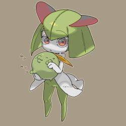 Rule 34 | 1girl, brown background, closed eyes, closed mouth, colored skin, creatures (company), female focus, flat chest, full body, game freak, gen 3 pokemon, green hair, green skin, gulpin, hands up, holding, holding pokemon, japanese text, kirlia, looking at viewer, lowres, medium hair, motion lines, multicolored skin, nintendo, o3o, oyama yoihaya, pokemon, pokemon (creature), red eyes, sidelocks, simple background, solo focus, standing, translated, two-tone skin, white skin, wide-eyed