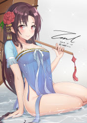 Rule 34 | blush, brown hair, collarbone, dated, flower, girls&#039; frontline, hair flower, hair ornament, hairclip, long hair, looking at viewer, no pants, official alternate costume, red eyes, see-through, sitting, smile, solo, twitter username, type 64 (girls&#039; frontline), type 64 (water gown) (girls&#039; frontline), unel1211