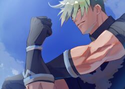 Rule 34 | 1boy, absurdres, achilles (fate), armor, black shirt, closed mouth, fate/apocrypha, fate (series), flexing, from below, gauntlets, green hair, haruakira, highres, looking ahead, male focus, mature male, muscular, muscular male, ribbed shirt, shirt, short hair, solo, turtleneck, undercut, yellow eyes