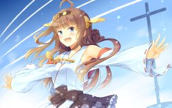 Rule 34 | 10s, 1girl, :d, ahoge, bare shoulders, blue eyes, brown hair, contrail, day, detached sleeves, double bun, frilled skirt, frills, hair ornament, hairband, japanese clothes, kantai collection, komi zumiko, kongou (kancolle), long hair, looking at viewer, nontraditional miko, open mouth, outstretched arms, outstretched hand, personification, ribbon-trimmed sleeves, ribbon trim, skirt, sky, smile, solo, spread arms