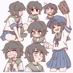 Rule 34 | 1girl, ^^^, baseball cap, baseball glove, blue skirt, bocchi-ya-nawi, brown eyes, brown hair, commentary request, cowboy shot, cropped legs, cropped torso, expressions, green sailor collar, grey background, hat, highres, index fingers together, kantai collection, miyuki (kancolle), multiple views, pleated skirt, sailor collar, school uniform, serafuku, short hair, simple background, skirt, tears, upper body, wavy hair