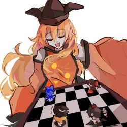 Rule 34 | 1girl, black dress, black hair, black skirt, blonde hair, blue bow, blue dress, blue hair, board game, bow, brown hair, chess, chess piece, chessboard, cirno, closed eyes, detached sleeves, dress, hair bow, hair tubes, hakurei reimu, hat, hidden star in four seasons, highres, ice, ice wings, kirisame marisa, long hair, looking down, matara okina, mini person, minigirl, open mouth, orange tabard, pom pom (clothes), red bow, red dress, shameimaru aya, shindiyue, shirt, skirt, smile, solo, tabard, tokin hat, touhou, white background, white shirt, wide sleeves, wings, witch hat