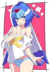 Rule 34 | 1girl, absurdres, blue eyes, blush, breasts, buzzlyears, cleavage, collarbone, female focus, helmet, highres, fairy leviathan (mega man), looking at viewer, medium breasts, mega man (series), mega man zero (series), oversized clothes, oversized shirt, panties, shirt, tagme, underwear