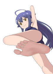 Rule 34 | 1girl, ahoge, armpits, ass, barefoot, blue hair, blush, breasts, feet, foot focus, from below, hinako note, looking at viewer, looking down, natsukawa kuina, one-piece swimsuit, simple background, small breasts, smile, soles, solo, standing, standing on one leg, swimsuit, toes, white background, yellow eyes