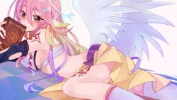 Rule 34 | 10s, 1girl, angel wings, asymmetrical legwear, book, breasts, bridal gauntlets, chiyo moriseri, spiked halo, crop top, feathered wings, gloves, gradient hair, halo, jibril (no game no life), long hair, looking at viewer, low wings, lying, magic circle, midriff, mismatched legwear, momitiyo, multicolored hair, naughty face, no game no life, on stomach, pink hair, seductive smile, sideboob, smile, solo, tattoo, thighhighs, white wings, wing ears, wings, yellow eyes