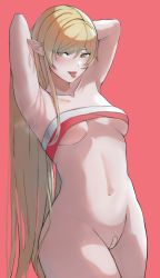 Rule 34 | 1girl, aged up, alternate breast size, armpits, arms behind head, arms up, bandaid, bandaid on pussy, blonde hair, blush, breasts, chest sarashi, chinese commentary, clothing request, collarbone, fangs, green eyes, highres, long hair, looking at viewer, milksasa, monogatari (series), oshino shinobu, pointy ears, red background, sarashi, sidelocks, simple background, small breasts, solo, standing, sweat, swept bangs, teeth, tongue, tongue out, translated, underboob, vampire, very long hair