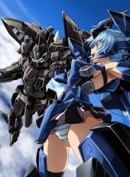 Rule 34 | 1girl, armpits, black thighhighs, blue eyes, blue hair, blue sky, cloud, commentary request, flying, frame arms, frame arms girl, glowing, gluteal fold, headgear, highres, holding hands, interlocked fingers, kumichou (ef65-1118-ef81-95), long hair, mecha, mecha musume, microskirt, open mouth, outstretched arms, panties, robot, skindentation, skirt, sky, spread arms, striped clothes, striped panties, stylet, stylet (frame arms), thighhighs, thighs, underwear