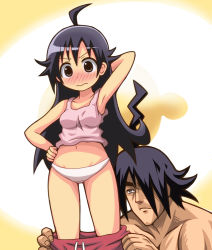 Rule 34 | 10s, 1boy, 1girl, ahoge, araragi karen, araragi koyomi, arm behind head, armpits, assisted exposure, black eyes, black hair, blush, brother and sister, clothes pull, embarrassed, hair over one eye, hand on own hip, hip focus, humiliation, lee (monsterheart), long hair, midriff, monogatari (series), navel, nisemonogatari, nose blush, panties, pants, pants pull, pantsing, pulling another&#039;s clothes, short hair, siblings, tank top, thighs, underwear, undressing, white panties