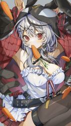 Rule 34 | 1girl, absurdres, animal hood, arms up, black collar, black hair, black jacket, black thighhighs, braid, breasts, camisole, carrot, collar, commentary, food in mouth, frilled camisole, frills, grey hair, hair ornament, hamita (rikopin ika), highres, hololive, hood, hood up, hooded jacket, jacket, large breasts, looking at viewer, multicolored hair, rabbit pose, red eyes, sakamata chloe, sakamata chloe (1st costume), side braid, solo, streaked hair, symbol-only commentary, thighhighs, two-sided fabric, two-sided jacket, virtual youtuber, white camisole, x hair ornament