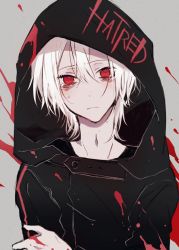 Rule 34 | 1boy, black jacket, closed mouth, clothes writing, grey background, hair between eyes, holding own arm, hood, hood up, jacket, looking at viewer, male focus, myuhuaki, original, red eyes, short hair, simple background, solo, teardrop, upper body, white hair