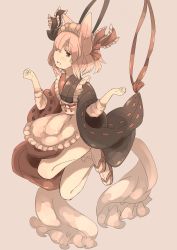 Rule 34 | 1girl, :d, absurdres, animal ears, apron, bad id, bad pixiv id, black bow, black kimono, blush, bow, brown background, brown eyes, brown footwear, brown kimono, commentary request, frilled apron, frilled bow, frills, hair between eyes, hair bow, hands up, highres, japanese clothes, kimono, long sleeves, looking at viewer, maid, maid headdress, multicolored clothes, multicolored kimono, open mouth, original, pantyhose, pink hair, profile, red bow, ribbon-trimmed sleeves, ribbon trim, sandals, simple background, smile, solo, tsukiori, wa maid, waist apron, white apron, white pantyhose, wide sleeves, zouri