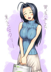 Rule 34 | 00s, 1girl, ahoge, blush, breasts squeezed together, breasts, embarrassed, game console, idolmaster, idolmaster (classic), idolmaster 1, large breasts, miura azusa, product placement, skirt, sleeveless, sleeveless turtleneck, solo, tanaka shoutarou, translated, turtleneck, xbox, xbox360, xbox 360