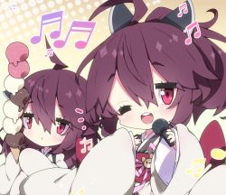 Rule 34 | 2girls, :&lt;, ;d, ahoge, beamed sixteenth notes, blush, brown hair, brown kimono, chibi, closed mouth, commentary request, eighth note, food, hair between eyes, halftone, halftone background, headgear, high ponytail, highres, holding, holding food, holding microphone, ice cream, ice cream cone, japanese clothes, kimono, long sleeves, microphone, milkpanda, multiple girls, musical note, obi, one eye closed, open mouth, ponytail, quarter note, red eyes, round teeth, sash, sleeves past fingers, sleeves past wrists, smile, teeth, too many, too many scoops, touhoku kiritan, upper teeth only, voiceroid, wide sleeves