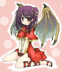 Rule 34 | 1girl, absurdres, ankle lace-up, bad id, bad pixiv id, between legs, blush, cross-laced footwear, dragon girl, dragon wings, dress, fire emblem, fire emblem: the sacred stones, flip-flops, full body, hand between legs, highres, looking at viewer, myrrh (fire emblem), nintendo, pink background, purple hair, red eyes, robe, sandals, short hair, sitting, smile, solo, turtleneck, two side up, v arms, wariza, wings, wristband, zero-theme