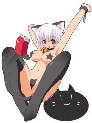 Rule 34 | 1girl, :3, animal ears, armpits, arms up, bell, black panties, black thighhighs, breasts, cameltoe, cat ears, cat tail, collar, covered erect nipples, cuffs, jingle bell, large breasts, milk, neck bell, original, panties, pasties, shishimaru ken&#039;ya, simple background, solo, star (symbol), star pasties, tail, thighhighs, underwear, white hair, yellow eyes