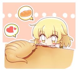 Rule 34 | ..., 1girl, blonde hair, bow, braid, bread, chibi, eye contact, food, green bow, hair bow, heart, kirisame marisa, looking at another, one-hour drawing challenge, side braid, simple background, solo, spoken food, spoken heart, table, touhou, tsuchinoko, yellow eyes