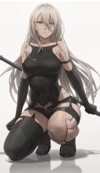 Rule 34 | 1girl, absurdres, android, bare shoulders, black gloves, black shorts, black thighhighs, blue eyes, breasts, cleavage, closed mouth, elbow gloves, free style (yohan1754), gloves, highres, joints, katana, large breasts, long hair, nier:automata, nier (series), robot joints, shorts, solo, squatting, sword, thighhighs, weapon, a2 (nier:automata)