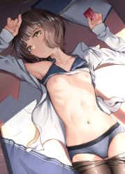 Rule 34 | 1girl, absurdres, ahoge, arm up, binder, black pantyhose, blue bra, blue panties, blue skirt, blunt bangs, bra, bra lift, breasts, brown hair, clothes pull, collared shirt, condom, condom wrapper, grey pantyhose, hand up, highres, holding, holding condom, kabayaki namazu, kantai collection, kishinami (kancolle), long sleeves, looking at viewer, lying, navel, nipples, on back, open clothes, open mouth, open shirt, panties, pantyhose, pantyhose pull, paper, shirt, short hair, skirt, unworn skirt, small breasts, solo, underwear, wavy hair, white shirt, yellow background