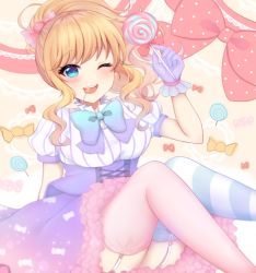 Rule 34 | 1girl, ;d, arm support, asymmetrical legwear, blonde hair, blue eyes, blush, bow, bowtie, breasts, candy, candy print, commentary request, feet out of frame, food, garter straps, gloves, hand up, highres, idolmaster, idolmaster cinderella girls, komari mhy, large breasts, lollipop, long hair, looking at viewer, mismatched legwear, ohtsuki yui, one eye closed, open mouth, pink gloves, polka dot, polka dot bow, puffy short sleeves, puffy sleeves, short sleeves, smile, solo, striped clothes, striped thighhighs, swirl lollipop, thighhighs