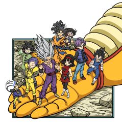 Rule 34 | 3girls, 6+boys, black hair, blue eyes, brothers, bulma, crossed arms, dougi, dragon ball, dragon ball super, dragon ball super super hero, family, father and daughter, father and son, fenyon, gloves, gohan beast, grandfather and granddaughter, grin, helmet, highres, husband and wife, jumpsuit, kuririn, looking at viewer, mother and daughter, mother and son, multiple boys, multiple girls, official art, one eye closed, orange piccolo, outside border, pan (dragon ball), piccolo, serious, siblings, skirt, smile, son gohan, son goku, son goten, tagme, trunks (dragon ball), vegeta, videl, white hair, wink