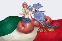 Rule 34 | 2girls, absurdres, ahoge, blue hair, blush, breasts, brown eyes, cleavage, flag, harpy, highres, lamia, large breasts, long hair, mexico, miia (monster musume), monster girl, monster musume no iru nichijou, multiple girls, navel, open mouth, pamyu kamchan, papi (monster musume), parody, red hair, short hair, simple background