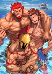 Rule 34 | 3boys, abs, bara, beard, blue eyes, breast tattoo, brown hair, commentary request, dai-xt, facial hair, fate/grand order, fate (series), flexing, giant, giant male, hand on own hip, helmet, iskandar (fate), ivan the terrible (fate), large pectorals, leonidas (fate), long sideburns, looking at viewer, male focus, manly, multiple boys, muscular, napoleon bonaparte (fate), no nipples, ocean, one eye closed, pants, pectorals, scar, shorts, sideburns, smile, swimsuit, tattoo