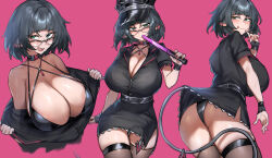 1girl absurdres animal_ears ass bare_shoulders black_hair blush breasts cleavage green_eyes highres jane_doe_(zenless_zone_zero) long_hair looking_at_viewer mouse_ears mouse_girl mouse_tail multiple_views open_mouth radishkek smile tail thighhighs thighs zenless_zone_zero