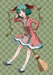 Rule 34 | 1girl, animal ears, bamboo broom, blush, blush stickers, bobby socks, broom, checkered background, dress, fang, female focus, full body, green background, green eyes, green hair, hand on own hip, hip focus, kasodani kyouko, kingin, matching hair/eyes, musical note, open mouth, short hair, shouting, shouting with hands, socks, solo, standing, text focus, touhou, translation request, white socks