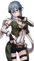 Rule 34 | 1girl, absurdres, angdo (kakajo26), belt, black belt, black gloves, black shorts, blue eyes, blue hair, blush, breasts, cleavage, commentary request, cropped jacket, fingerless gloves, gloves, green jacket, hair ornament, hairclip, hand on own hip, highres, index finger raised, jacket, looking at viewer, medium breasts, medium hair, short shorts, shorts, simple background, sinon, skindentation, solo, sword art online, white background, white jacket