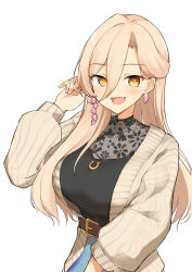 Rule 34 | 1girl, belt, blonde hair, blush, breasts, covered collarbone, earrings, fang, floral print, hair between eyes, highres, huge breasts, jacket, jewelry, long hair, long sleeves, necklace, nijisanji, nui sociere, nui sociere (4th costume), open mouth, sakikumo (sakumo), simple background, skin fang, solo, sweater, upper body, virtual youtuber, white background, yellow eyes