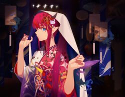 1girl blue_eyes closed_mouth commentary crystal_wings detached_wings double-parted_bangs earrings english_commentary flower flower_knot from_side furisode hair_between_eyes hair_flower hair_ornament hair_over_shoulder halo highres holding_veil hololive hololive_english horns irys_(hololive) irys_(new_year)_(hololive) japanese_clothes jewelry kanzashi kimono lantern long_hair looking_at_viewer multicolored_kimono obi official_alternate_costume official_alternate_hairstyle paper_lantern pink_eyes pink_kimono pink_nails pointy_ears print_kimono purple_hair purple_kimono purple_veil red_hair reirz sash sidelocks smile solo star_(symbol) star_halo star_print tassel tassel_hair_ornament twintails two-sided_veil upper_body veil very_long_hair virtual_youtuber white_halo white_kimono white_veil wide_sleeves wings