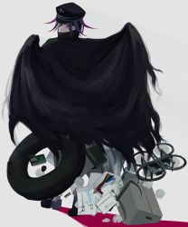 Rule 34 | 1boy, absurdres, black cape, black footwear, black hair, black hat, book, box, cape, commentary request, danganronpa (series), danganronpa v3: killing harmony, drone, falling, from behind, grey background, hat, highres, innertube, iumi urura, looking back, male focus, multicolored hair, note, oma kokichi, pants, paper, peaked cap, purple eyes, purple hair, scythe, shoes, simple background, solo, standing, swim ring, torn cape, torn clothes, two-tone hair