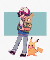 Rule 34 | 1boy, animal, animal in clothes, ash ketchum, backpack, bag, baseball cap, black eyes, black footwear, black hair, blue background, blue jacket, blue pants, blush stickers, bright pupils, brown eyes, creatures (company), denim, facing away, fingerless gloves, full body, game freak, gen 1 pokemon, gen 2 pokemon, gloves, green bag, green gloves, hand on own chin, happy, hat, highres, jacket, jeans, larvitar, looking back, male focus, mgomurainu, multicolored clothes, multicolored headwear, nintendo, open mouth, pants, pikachu, pokemon, pokemon (anime), pokemon (classic anime), pokemon (creature), red eyes, shoes, short hair, short sleeves, smile, sneakers, standing, walking