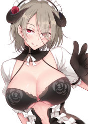 Rule 34 | 1girl, :q, black bra, black gloves, blush, bow, bra, breasts, corset, detached collar, eyes visible through hair, fei luo mao, flower, gloves, grey hair, hair over one eye, highres, honkai (series), honkai impact 3rd, horns, large breasts, looking at viewer, maid, maid headdress, puffy short sleeves, puffy sleeves, red eyes, red flower, red rose, rita rossweisse, rita rossweisse (umbral rose), rose, seductive smile, short hair, short sleeves, shrug (clothing), simple background, smile, solo, tongue, tongue out, underwear, white background, white bow
