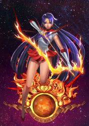 Rule 34 | 1girl, arrow (projectile), bishoujo senshi sailor moon, black hair, blouse, blue eyes, bow, bow (weapon), character name, circlet, drawing bow, earrings, elbow gloves, english text, fire, flaming weapon, full body, gloves, high heels, hino rei, holding, holding bow (weapon), holding weapon, jewelry, leg lift, legs, lipstick, long hair, long legs, looking at viewer, magical girl, makeup, mars symbol, miniskirt, mowlana, panties, pantyshot, planet, pleated skirt, red skirt, sailor collar, sailor mars, shirt, skirt, sky, solo, standing, star (sky), starry sky, super sailor mars, underwear, upskirt, very long hair, weapon, white gloves, white panties, white shirt