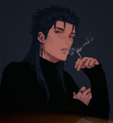 Rule 34 | 1boy, black sweater, blue hair, cigarette, cu chulainn (caster) (fate), cu chulainn (fate), earrings, fate/grand order, fate (series), heterochromia, highres, holding, holding cigarette, jewelry, long hair, long sleeves, looking at viewer, male focus, multiple earrings, open mouth, red eyes, ring, simple background, smoke, smoking, solo, spiked hair, sweater, turtleneck, turtleneck sweater, uniwa mochikawa, yellow eyes